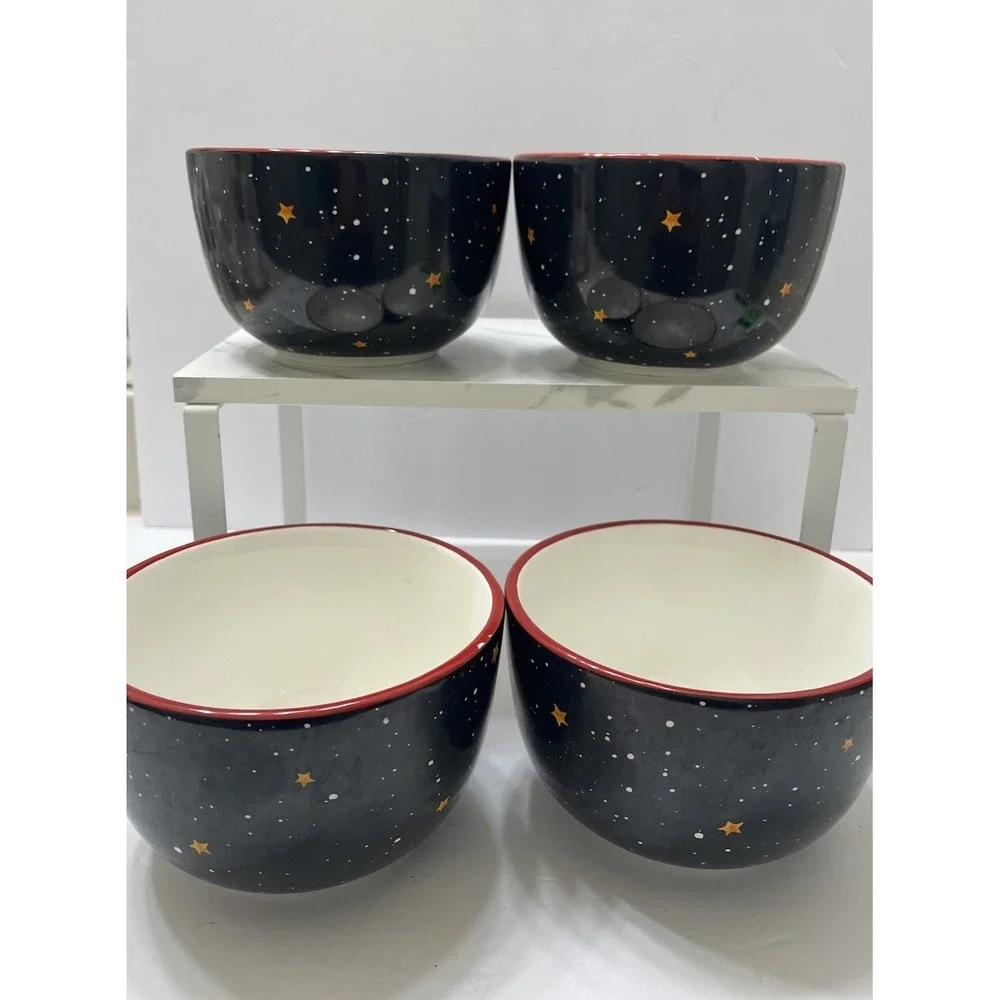 Christmas Snowman Bowls Ceramic Set Of 4 Black Background Multicolor 3.75x5.5